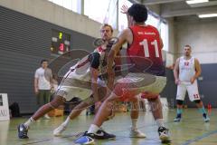 Basketball Bayernliga Herren - Saison 2026/27 - PSV Ingolstadt - TSV Milbertshofen - Enemuo Joshua weiss Ingolstadt - Schnug Josua rot Milbertshofen - Göbel Fabian rot Milbertshofen #11 - Foto: Meyer Jürgen