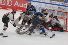 Penny DEL - Pre-Playoff - Spiel 2 - Eishockey - Saison 2021/22 - ERC Ingolstadt - Kölner Haie - Torwart Justin Pogge (Nr.49 - Kölner Haie) - Jerome Flaake (#90 ERCI) -  Foto: Jürgen Meyer