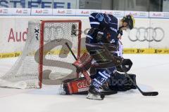 DEL - Eishockey - Playoff - Spiel 5 - ERC Ingolstadt - Iserlohn Roosters - Petr Taticek (ERC 17) und Torwart Dshunussow Daniar (Iserlohn 30)