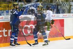 DEL - Eishockey - ERC Ingolstadt - Straubing Tigers - Saison 2016/2017 - Danny Irmen (#19 ERCI) gratuliert #e8 zum 1:1 Ausgleichstreffer - Jubel - Foto: Meyer Jürgen