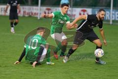 2023_10_21 - Kreisliga - Saison 2023/24 - FC Gerolfing - FC Fatih Ingolstadt - Quirin Nuber grün Gerolfing - Emre Arik schwarz Fatih - Anastasios Porfyriadis grün Gerolfing mitte - Foto: Meyer Jürgen