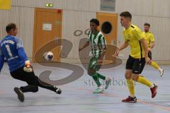 Lotto Bayern Hallencup - Lindenkreuzhalle Saison 2024/25 - FC Hitzhofen - SV Manching - Thomas Geisler TW Manching - Tobias Dietze gelb Hitzhofen mit einem Tor - jubel -  - Foto: Meyer Jürgen