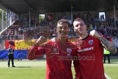 3. Liga - Saison 2025/26 - TSG Hoffenheim II - FC Ingolstadt 04  - Marcel Costly (Nr.22 - FCI) - Jonas Scholz (Nr.15 - FCI) die beiden Torschützen nach dem Spiel - XXXXX - Foto: Meyer Jürgen