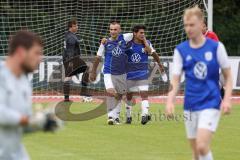 Kreisklasse -  Saison 2023/2024 - DJK Ingolstadt - FC Tegernbach - Der 1:1 Ausgleichstreffer durch Vasile Serban blau DJK Ingolstadt - Lukas Heinziger Torwart Tegernbach - jubel - Isa Gashi blau DJK Ingolstadt - Foto: Meyer Jürgen