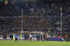 3. Liga; Arminia Bielefeld - FC Ingolstadt 04; Sieg Jubel Freude Bielefeld vor den Fans Fankurve Banner Fahnen Spruchband Tanz