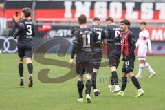 3. Liga; FC Ingolstadt 04 - VfB Stuttgart II; Tor Jubel Treffer Deniz Zeitler (38, FCI) in der ersten Minute 1:0, Mladen Cvjetinovic (19, FCI) Benjamin Kanuric (8, FCI) Sebastian Grönning (11, FCI) Elias Decker (3, FCI)