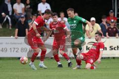 Landesliga - Saison 2024/25 - SV Manching - FSV Pfaffenhofen - Fabian Neumayer (Nr.9 - SV Manching) - Nichael Senger rot Pfaffenhofen rechts -Tobias Killer rot links Pfaffenhofen - Foto: Meyer Jürgen