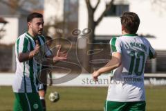 Landesliga - Saison 2025/26 - SV Manching - TSV Schwabmünchen - Marcel Posselt (Nr.12 - SV Manching) mit dem 1:1 Ausgleichstreffer - jubel  - Sebastian Graßl (Nr.10 - SV Manching) - Foto: Meyer Jürgen