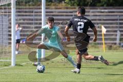 Bayernliga Nord - Saison 2024/25 - FC Ingolstadt 04 II - SV Fortuna Regensburg - Muhammed Atak (Nr.2 - FCI U21)  mit einer vergebenen Torchance - Köpper Nicolas Torwart Regensburg - XXXXX - Foto: Meyer Jürgen