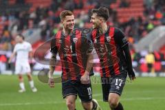 3. Liga; FC Ingolstadt 04 - Erzgebirge Aue; Tor Jubel Treffer 1:0 Max Besuschkow (17, FCI) mit Sebastian Grönning (11, FCI)