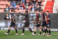 3. Liga; FC Ingolstadt 04 - SC Verl; Tor Jubel Treffer Ausgleich Sebastian Grönning (11, FCI) mit Benjamin Kanuric (8, FCI) Felix Keidel (43, FCI) Max Besuschkow (17, FCI) Leon Guwara (6, FCI)