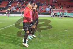 Toto-Pokal - Saison 2023/2024 - FC Ingolstadt 04 - Jahn Regensburg - Elmeterschießen gewonnen - jubel - Torwart Marius  Funk (Nr.1 - FCI) hält den Elfmeter - auf dem weg zu den Fans - Megaphon - Foto: Meyer Jürgen