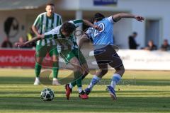 Landesliga - Saison 2025/26 - SV Manching - SV Cosmos Aystetten - Johannes  Dexl (Nr.13 - SV Manching) - Dejan Durasinovic blau Aystetten - Foto: Meyer Jürgen