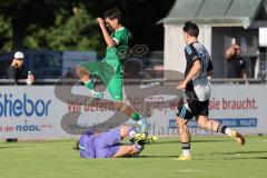 Bezirksliga - Saison 2025/26 - FC Gerolfing - TSV Ober./Unterh.stadt - Ahmet Altay grün Gerolfing  - Torwart Ali Cakmakci (Nr.1 - TSV Ober-/Unterh.stadt) - David Romanov (Nr.14 - TSV Ober-/Unterh.stadt) Foto: Meyer Jürgen