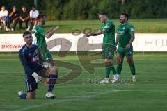 Landesliga - Saison 2024/25 - SV Manching - SV Cosmos Aystetten -  Der 1:0 Führungstreffer durch Fabian Neumayer (Nr.9 - SV Manching) - jubel - Abdel Abou-Khalil (Nr.20 - SV Manching) - Daniel Mrozek Torwart Aystetten - Cedric Sengl (Nr.16 - SV Manching) 