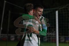 Landesliga - Saison 2025/26 - SV Manching - TSV Aindling - Luca Bienek (Nr.16 - SV Manching) legt den Ball auf zum 2:0 Führungstreffer durch Sebastian Graßl (Nr.10 - SV Manching)  - jubel - XXXXX - Foto: Meyer Jürgen