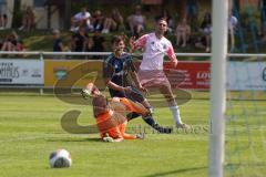 Verbands Pokal- Saison 2025/26 - TV Münchsmünster - SpVgg Ansbach - Lukas Schmidt rosa Ansbach - Florian Wagner Torwart M`münster - Leo Kreitmayer blau M´münster - XXXXX - Foto: Meyer Jürgen