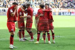 3. Liga; Alemannia Aachen - FC Ingolstadt 04; Dennis Kaygin (10, FCI) Tor Jubel Treffer 0:1 Siegtreffer, Simon Lorenz (32, FCI) bei ihm, Yann Sturm (7, FCI) Linus Rosenlöcher (19, FCI) Mads Borchers (9, FCI)