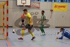 Lotto Bayern Hallencup - Lindenkreuzhalle Saison 2024/25 - FC Hitzhofen - SV Manching - Thomas Geisler TW Manching - Tobias Dietze gelb Hitzhofen mit einem Tor - jubel -  - Foto: Meyer Jürgen