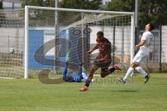 Bayernliga Nord - Saison 2024/25 - FC Ingolstadt 04 II - TSV Karlburg - Der 1:0 Führungstreffer durch Micah Ham (Nr.25 - FCI U21) - Jonas Leibold weiss Karlburg - jubel - Leon Zwickl Torwart Karlburg - XXXXX - Foto: Meyer Jürgen