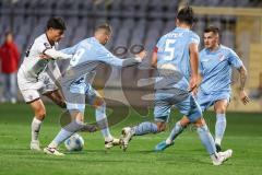 Toto-Pokal 2024; TürkGücü München - FC Ingolstadt 04; Zweikampf Kampf um den Ball Deniz Zeitler (38, FCI) Hoppe, Benedikt (8TGM) Haimerl, Deniz (5TGM) Hoppe, Benedikt (8TGM)