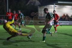 Landesliga - Saison 2025/26 - SV Manching - TSV Aindling - Luca Bienek (Nr.16 - SV Manching) legt den Ball auf zum 2:0 Führungstreffer durch Sebastian Graßl (Nr.10 - SV Manching) - Kevin Schmidt Torwart Aindling - jubel - XXXXX - Foto: Meyer Jürgen