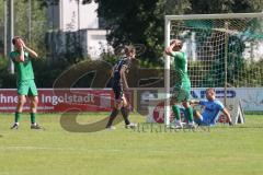 Landesliga - Saison 2024/25 - SV Manching - TSV Schwabmünchen - Torchance für Simon Berger (Nr.5 - SV Manching) - Zeche Fabio Torwart Schwabmünchen - Paulus Simon #2 schwarz Schwabmünchen
 - enttäuscht - Foto: Meyer Jürgen