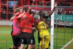 Toto-Pokal - Saison 2023/2024 - FC Ingolstadt 04 - Jahn Regensburg - Elmeterschießen gewonnen - jubel - Torwart Marius  Funk (Nr.1 - FCI) hält den Elfmeter - Foto: Meyer Jürgen