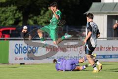 Bezirksliga - Saison 2025/26 - FC Gerolfing - TSV Ober./Unterh.stadt - Ahmet Altay grün Gerolfing  - Torwart Ali Cakmakci (Nr.1 - TSV Ober-/Unterh.stadt) - David Romanov (Nr.14 - TSV Ober-/Unterh.stadt) Foto: Meyer Jürgen