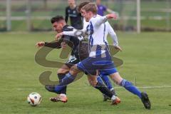 Kreisliga - Saison 2025/26- SV Karlshuld - SV Menning - Marcel Hubner schwarz Menning  - Yannik Werle weiss Karlskron - Daniel Reitberger weiss Karlskron #8Foto: Meyer Jürgen