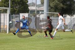 Bayernliga Nord - Saison 2024/25 - FC Ingolstadt 04 II - TSV Karlburg - Der 1:0 Führungstreffer durch Micah Ham (Nr.25 - FCI U21) - Jonas Leibold weiss Karlburg - jubel - Leon Zwickl Torwart Karlburg - XXXXX - Foto: Meyer Jürgen