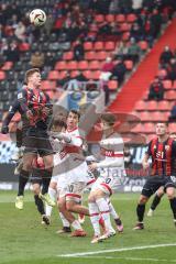 3. Liga; FC Ingolstadt 04 - VfB Stuttgart II; Sebastian Grönning (11, FCI) Ryan Malone (16, FCI) Ulrich Laurin (10 VFB) Zweikampf Kampf um den Ball Kopfball Reichardt Leon (20 VFB)