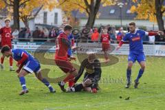 Kreisliga - Saison 2025/26- TSV Kösching - SV Zuchering - Marcel Preuß rot Zuchering -  - David Ostermeier blau Kösching links - Michael Zimmermann Torwart Kösching - Valentin Hafner blau Kösching rechts - Foto: Meyer Jürgen