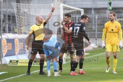 3. Liga; TSV 1860 München - FC Ingolstadt 04; Max Besuschkow (17, FCI) gelbe Karte Lukas Fröde (34, FCI) Jacobsen Thore (5 TSV) Torwart Hiller Marco (1 TSV)