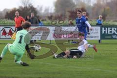 Kreisliga - Saison 2024/25- SV Hundszell - SV Menning -  - Simon Wolfsfellner blau Menning - Leon Drees weiss Hundszell - Lucas Steinbach Torwart Hundszell - Foto: Meyer Jürgen