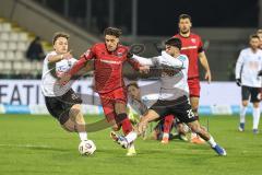 3. Liga; SSV Ulm - FC Ingolstadt 04; Dennis Kaygin (10, FCI) Zweikampf Kampf um den Ball Pepic Mirnes (20 Ulm) El-Zein Abu-Bekir (26 Ulm)