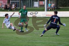 Landesliga - Saison 2024/25 - SV Manching - SV Cosmos Aystetten - Fabian Neumayer (Nr.9 - SV Manching) wird gefoult und erziehlt noch den 2:0 Führungstreffer - jubel - Tobias Ullmann weiss Aystetten - Daniel Mrozek Torwart Aystetten - Foto: Meyer Jürgen