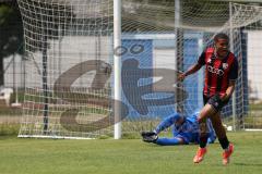 Bayernliga Nord - Saison 2024/25 - FC Ingolstadt 04 II - TSV Karlburg - Der 1:0 Führungstreffer durch Micah Ham (Nr.25 - FCI U21) - Jonas Leibold weiss Karlburg - jubel - Leon Zwickl Torwart Karlburg - XXXXX - Foto: Meyer Jürgen