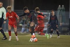 *** Bayernliga Nord - Saison 2025/26 - FC Ingolstadt 04 II - ASV Neumarkt - Ognjen Draculic (Nr.9 - FC Ingolstadt II) - Maximilian Berger rechts rot Neumarkt - Foto: Meyer Jürgen