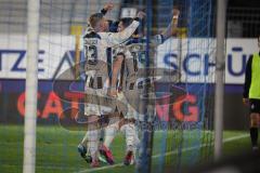 3. Liga - Saison 2026/27 - Waldhof Mannheim - FC Ingolstadt 04 - Obed Ugondu (Nr.17 - FCI)  mit dem 0:3 Führungstreffer - jubel - Linus Rosenlöcher (Nr.19 - FCI) - Lars Lokotsch (Nr.13 - FCI) - Foto: Meyer Jürgen