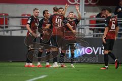 3. Liga - Saison 2026/27 - FC Ingolstadt 04 - TSG Hoffenheim II - Nishan Velupillay (Nr.28 - FCI) mit dem 1:0 Führungstreffer - jubel - Yannick Deichmann (Nr.20 - FCI) - Lars Lokotsch (Nr.13 - FCI) - Foto: Meyer Jürgen