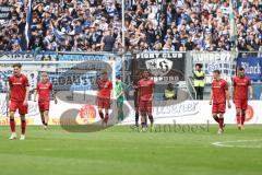 3. Liga; MSV Duisburg - FC Ingolstadt 04; Tor Ausgleich 1:1 durch Sussek Patrick (37 MSV), hängende Köpfe Frederik Christensen (11, FCI) Max Plath (14 FCI) Simon Lorenz (32, FCI) Torwart Markus Ponath (1, FCI) Gustav Christensen (24, FCI) Lukas Fröde (34,