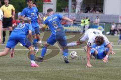 Toto - Pokal - Saison 2024/25 - DJK Hein - FC Ingolstadt 04 -  - Agon Jashari (Nr.6 - DJK Hain) - Tim Heike (Nr.9 - FCI) - Markus Horr (Nr.5 - DJK Hain) am Boden - XXXXX - Foto: Meyer Jürgen