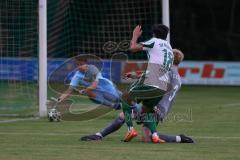 Landesliga - Saison 2025/26 - SV Manching - FC Stätzling - Rayern Kouki grün Manching - Fabian Rosner Torwart FC Stätzling  - Maximilian Pletschacher FC Stätzling  - Foto: Meyer Jürgen