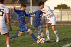 Bayernliga Nord - Saison 2025/26 - FC Ingolstadt 04 II - Würzburger FV - Mussa Tasim Nr.27 - FC Ingolstadt II) - Moritz Lotzen blau Würzburg mitte - Steffen Krautschneider blau Würzburg links - Foto: Meyer Jürgen