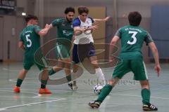 Hallenturnier Ingolstadt Nord - Saison 2024/25 - FC Geisenfeld - TSV Etting - Simon Weidenhiller weisss Etting  - Furkan Bayraktar grün Geisenfeld hinten - Sebastian Ludacka grün Geisenfeld #5 - Manuel Obermayr grün Geisenfeld #3 - Foto: Meyer Jürgen