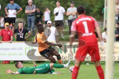 Toto-Pokal; SV Manching - FC Ingolstadt 04; Ralf Schröder (SVM) stört Daouda Beleme (9, FCI) Torwart Thomas Obermeier (SVM)