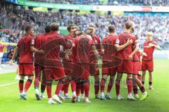 3. Liga; MSV Duisburg - FC Ingolstadt 04; Tor Jubel Treffer 0:1 Führung Davide Sekulovic (33, FCI) Jonas Scholz (15, FCI) Yann Sturm (7, FCI) Frederik Christensen (11, FCI) Gustav Christensen (24, FCI) Torwart Kai Eisele (25, FCI) Simon Lorenz (32, FCI) M