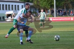 Landesliga - Saison 2025/26 - SV Manching - SV Cosmos Aystetten - Maximilian Eberwein (Nr.4 - SV Manching) - Kevin Makowski blau Aystetten - Foto: Meyer Jürgen
