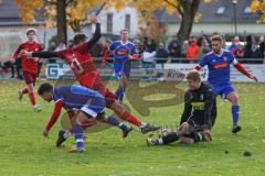 Kreisliga - Saison 2025/26- TSV Kösching - SV Zuchering - Marcel Preuß rot Zuchering -  - David Ostermeier blau Kösching links - Michael Zimmermann Torwart Kösching - Valentin Hafner blau Kösching rechts - Foto: Meyer Jürgen